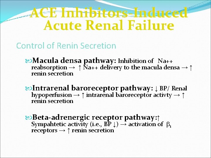 ACE Inhibitors-Induced Acute Renal Failure Control of Renin Secretion Macula densa pathway: Inhibition of