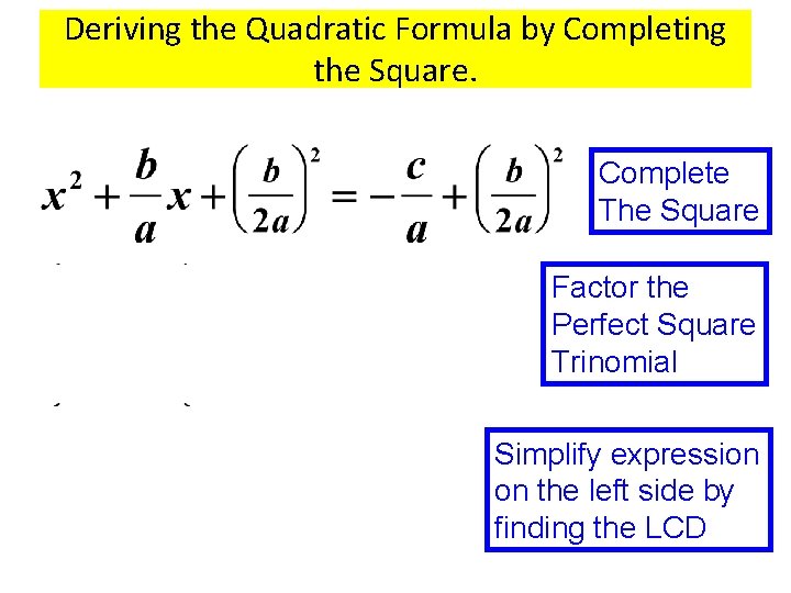 Deriving the Quadratic Formula by Completing the Square. Complete The Square Factor the Perfect
