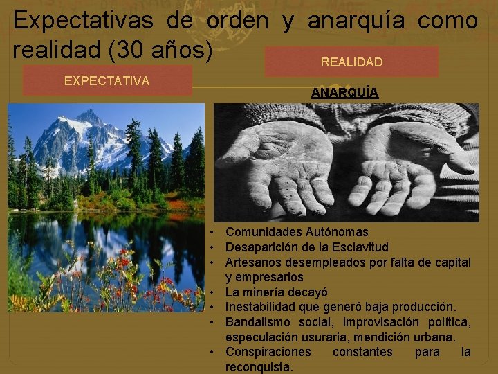 Expectativas de orden y anarquía como realidad (30 años) REALIDAD EXPECTATIVA ANARQUÍA • Comunidades