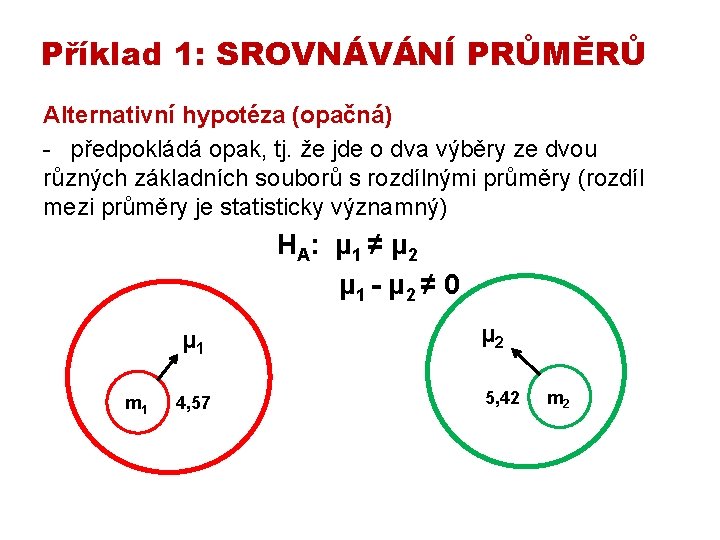 Příklad 1: SROVNÁVÁNÍ PRŮMĚRŮ Alternativní hypotéza (opačná) - předpokládá opak, tj. že jde o