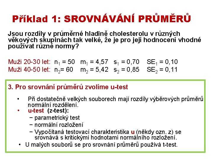 Příklad 1: SROVNÁVÁNÍ PRŮMĚRŮ Jsou rozdíly v průměrné hladině cholesterolu v různých věkových skupinách