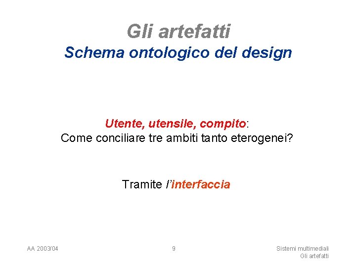 Gli artefatti Schema ontologico del design Utente, utensile, compito: Come conciliare tre ambiti tanto
