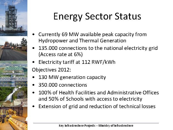 Energy Sector Status • Currently 69 MW available peak capacity from Hydropower and Thermal