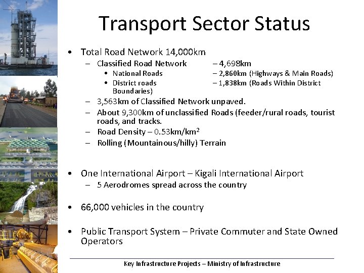 Transport Sector Status • Total Road Network 14, 000 km – Classified Road Network