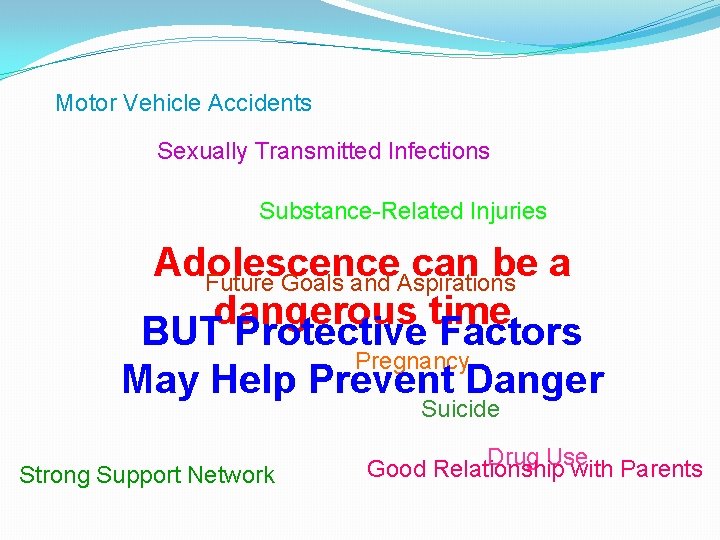 Motor Vehicle Accidents Sexually Transmitted Infections Substance-Related Injuries Adolescence can be a Future Goals Motor Vehicle Accidents Sexually Transmitted Infections Substance-Related Injuries Adolescence can be a Future Goals