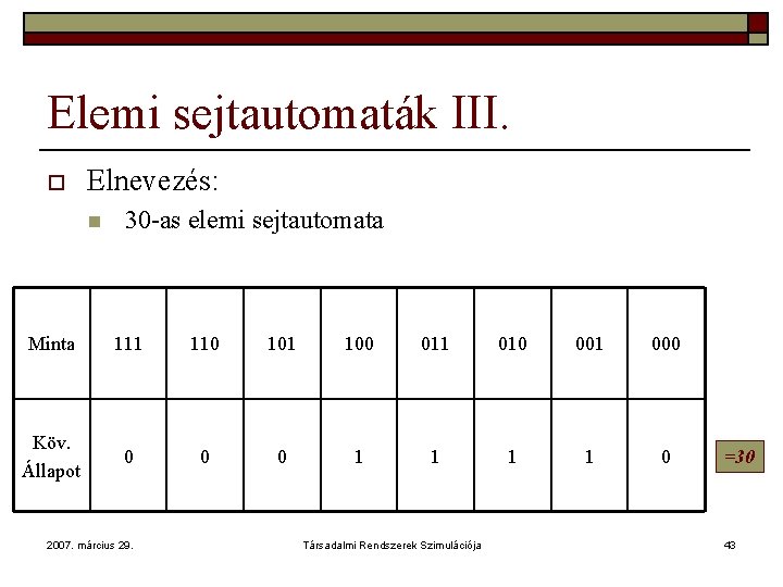 Elemi sejtautomaták III. o Elnevezés: n 30 -as elemi sejtautomata Minta 111 110 101