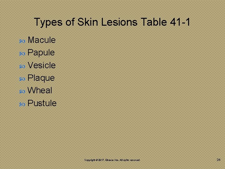 Types of Skin Lesions Table 41 -1 Macule Papule Vesicle Plaque Wheal Pustule Copyright