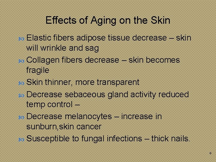 Effects of Aging on the Skin Elastic fibers adipose tissue decrease – skin will