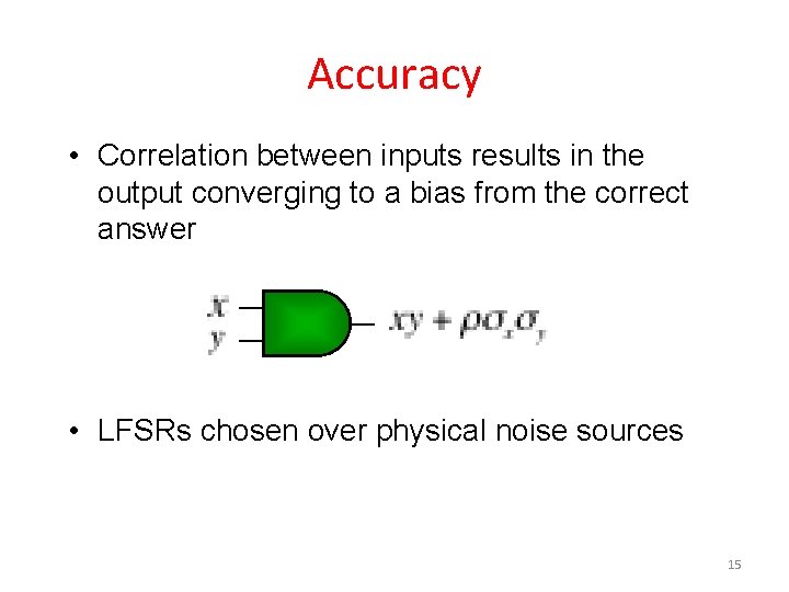 Accuracy • Correlation between inputs results in the output converging to a bias from