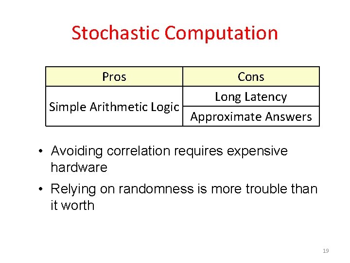 Stochastic Computation Pros Cons Long Latency Simple Arithmetic Logic Approximate Answers • Avoiding correlation