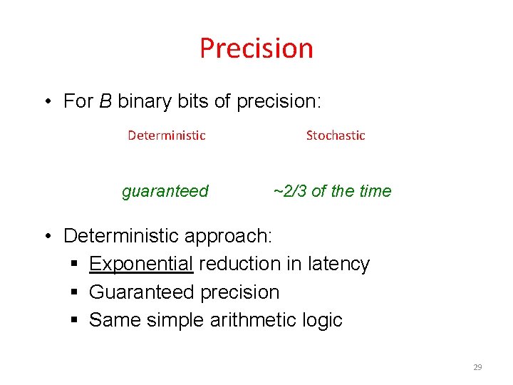 Precision • For B binary bits of precision: Deterministic Stochastic guaranteed ~2/3 of the