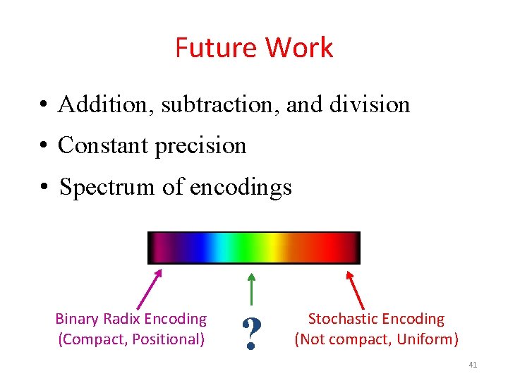 Future Work • Addition, subtraction, and division • Constant precision • Spectrum of encodings