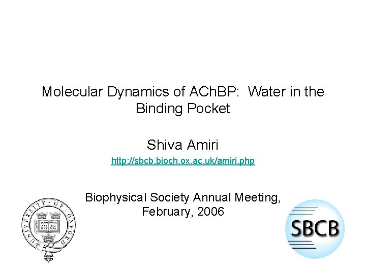 Molecular Dynamics of ACh. BP: Water in the Binding Pocket Shiva Amiri http: //sbcb.