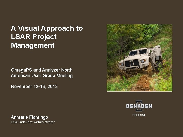 A Visual Approach to LSAR Project Management Omega. PS and Analyzer North American User
