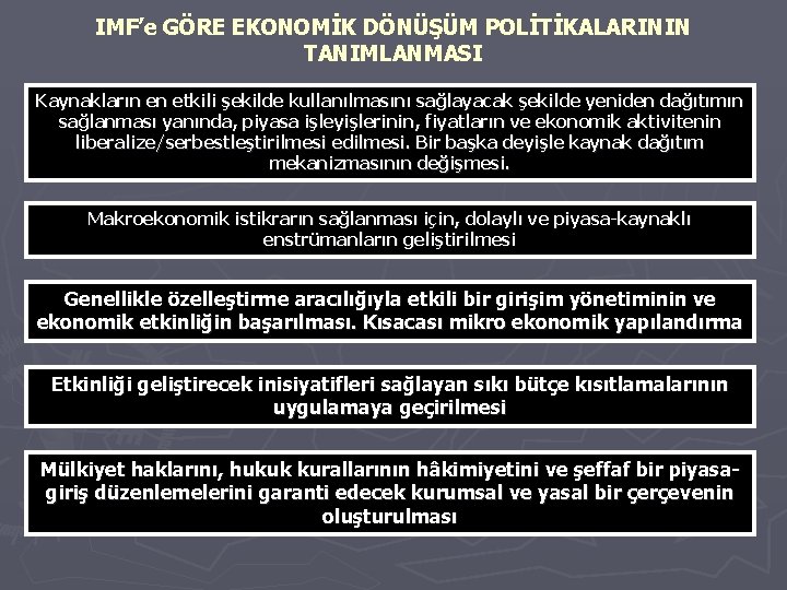 IMF’e GÖRE EKONOMİK DÖNÜŞÜM POLİTİKALARININ TANIMLANMASI Kaynakların en etkili şekilde kullanılmasını sağlayacak şekilde yeniden