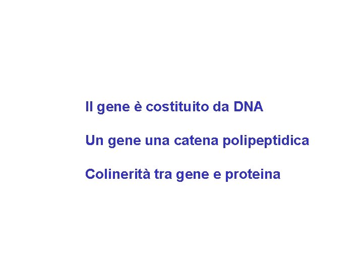 Il gene è costituito da DNA Un gene una catena polipeptidica Colinerità tra gene Il gene è costituito da DNA Un gene una catena polipeptidica Colinerità tra gene