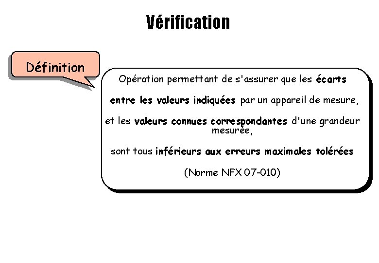 Vérification Définition Opération permettant de s'assurer que les écarts entre les valeurs indiquées par Vérification Définition Opération permettant de s'assurer que les écarts entre les valeurs indiquées par