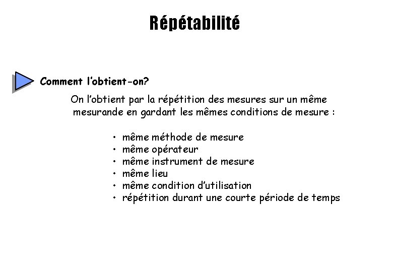 Répétabilité Comment l’obtient-on? On l’obtient par la répétition des mesures sur un même mesurande Répétabilité Comment l’obtient-on? On l’obtient par la répétition des mesures sur un même mesurande