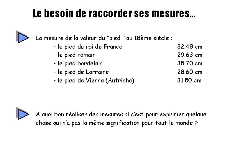Le besoin de raccorder ses mesures. . . La mesure de la valeur du Le besoin de raccorder ses mesures. . . La mesure de la valeur du