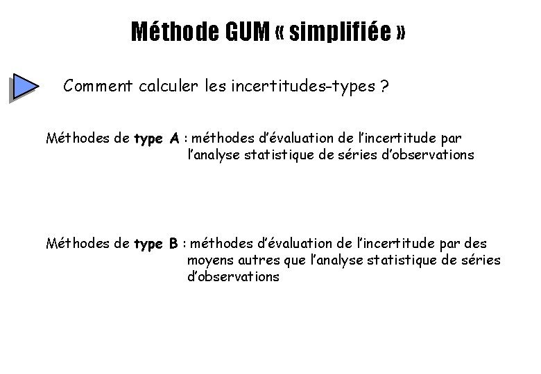 Méthode GUM « simplifiée » Comment calculer les incertitudes-types ? Méthodes de type A Méthode GUM « simplifiée » Comment calculer les incertitudes-types ? Méthodes de type A