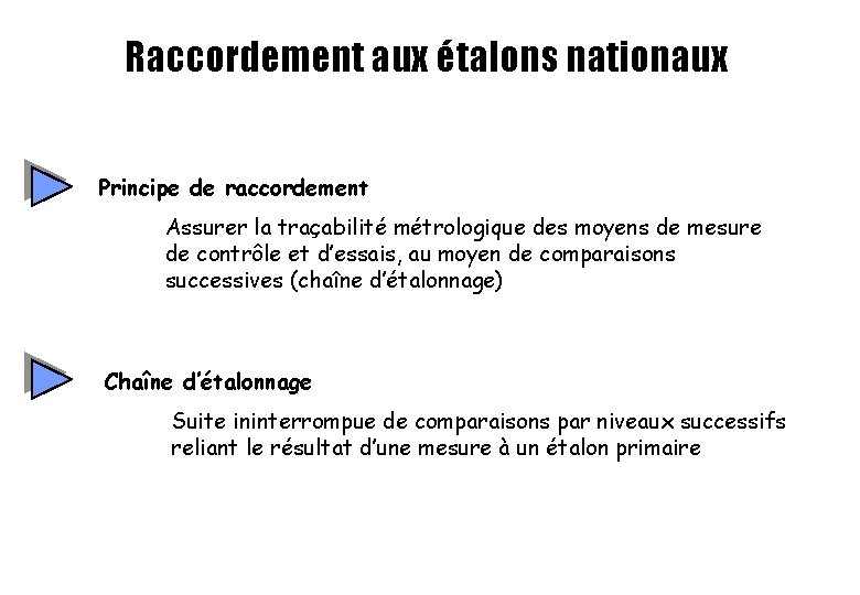 Raccordement aux étalons nationaux Principe de raccordement Assurer la traçabilité métrologique des moyens de Raccordement aux étalons nationaux Principe de raccordement Assurer la traçabilité métrologique des moyens de