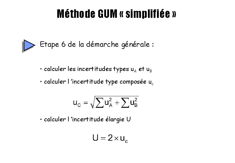 Méthode GUM « simplifiée » Etape 6 de la démarche générale : • calculer Méthode GUM « simplifiée » Etape 6 de la démarche générale : • calculer