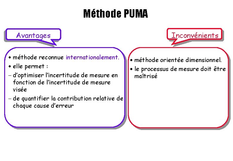 Méthode PUMA Avantages · méthode reconnue internationalement. · elle permet : - d’optimiser l’incertitude Méthode PUMA Avantages · méthode reconnue internationalement. · elle permet : - d’optimiser l’incertitude