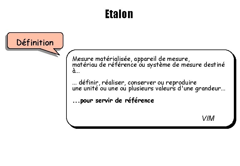 Etalon Définition Mesure matérialisée, appareil de mesure, matériau de référence ou système de mesure Etalon Définition Mesure matérialisée, appareil de mesure, matériau de référence ou système de mesure