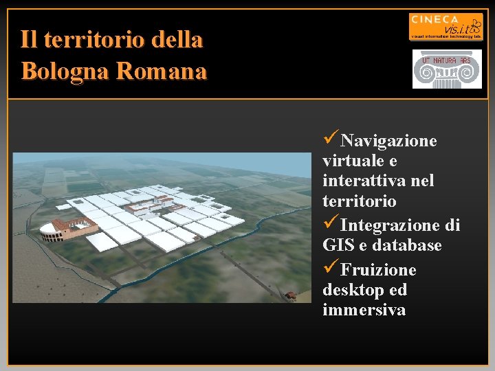 Il territorio della Bologna Romana üNavigazione virtuale e interattiva nel territorio üIntegrazione di GIS