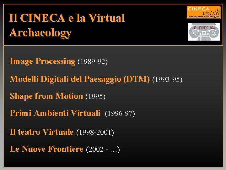 Il CINECA e la Virtual Archaeology Image Processing (1989 92) Modelli Digitali del Paesaggio