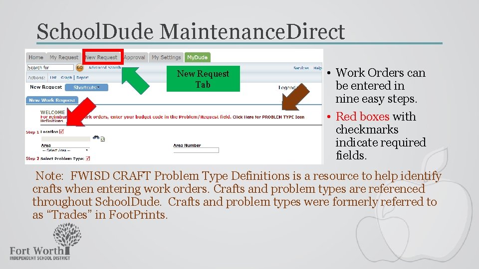 School. Dude Maintenance. Direct New Request Tab • Work Orders can be entered in