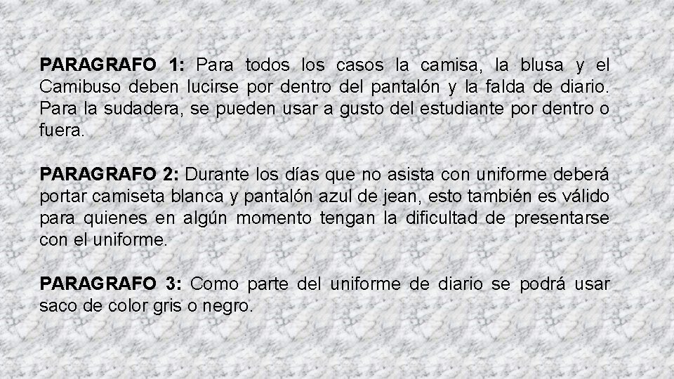 PARAGRAFO 1: Para todos los casos la camisa, la blusa y el Camibuso deben