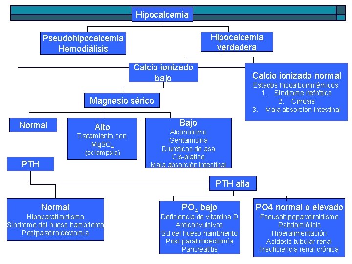 Hipocalcemia verdadera Pseudohipocalcemia Hemodiálisis Calcio ionizado bajo Calcio ionizado normal Estados hipoalbuminémicos: 1. Síndrome