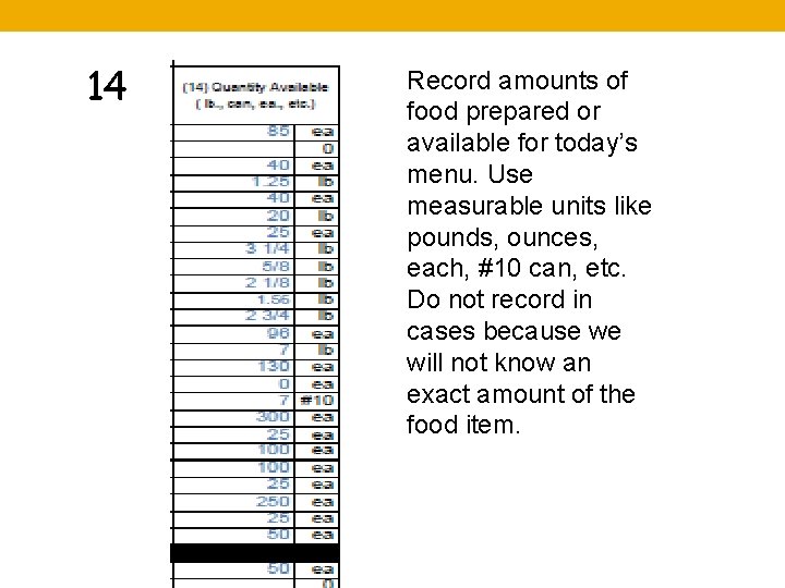 14 Record amounts of food prepared or available for today’s menu. Use measurable units