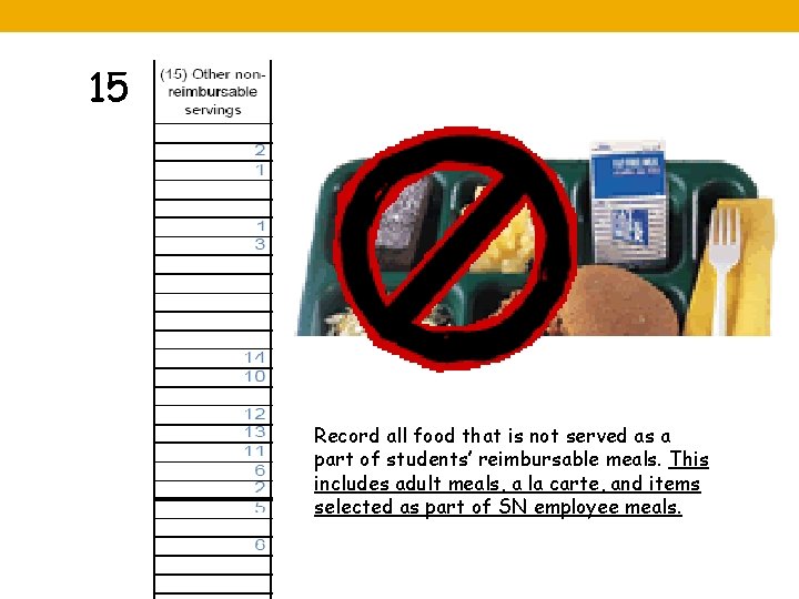 15 Record all food that is not served as a part of students’ reimbursable