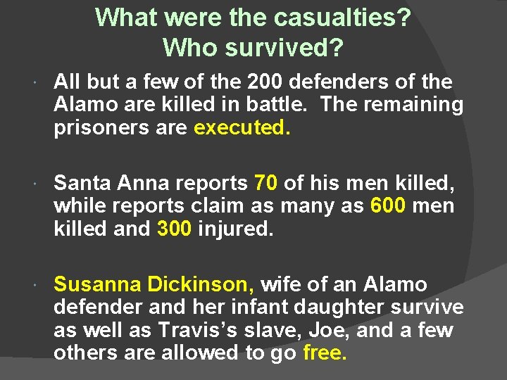 What were the casualties? Who survived? All but a few of the 200 defenders