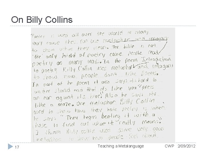 On Billy Collins 17 Teaching a Metalanguage CWP 2/09/2012 