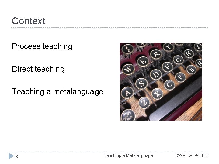 Context Process teaching Direct teaching Teaching a metalanguage 3 Teaching a Metalanguage CWP 2/09/2012