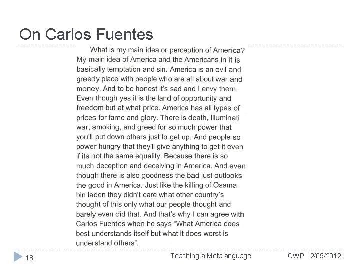 On Carlos Fuentes 18 Teaching a Metalanguage CWP 2/09/2012 