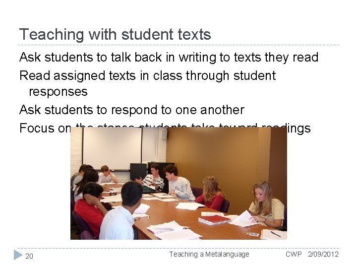 Teaching with student texts Ask students to talk back in writing to texts they