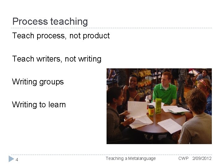 Process teaching Teach process, not product Teach writers, not writing Writing groups Writing to