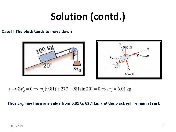 Solution (contd. ) Case II: The block tends to move down Thus, m 0