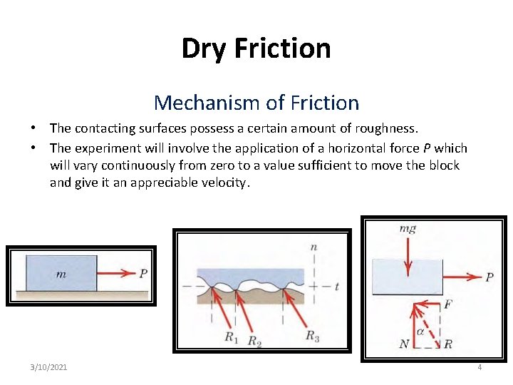 Dry Friction Mechanism of Friction • The contacting surfaces possess a certain amount of