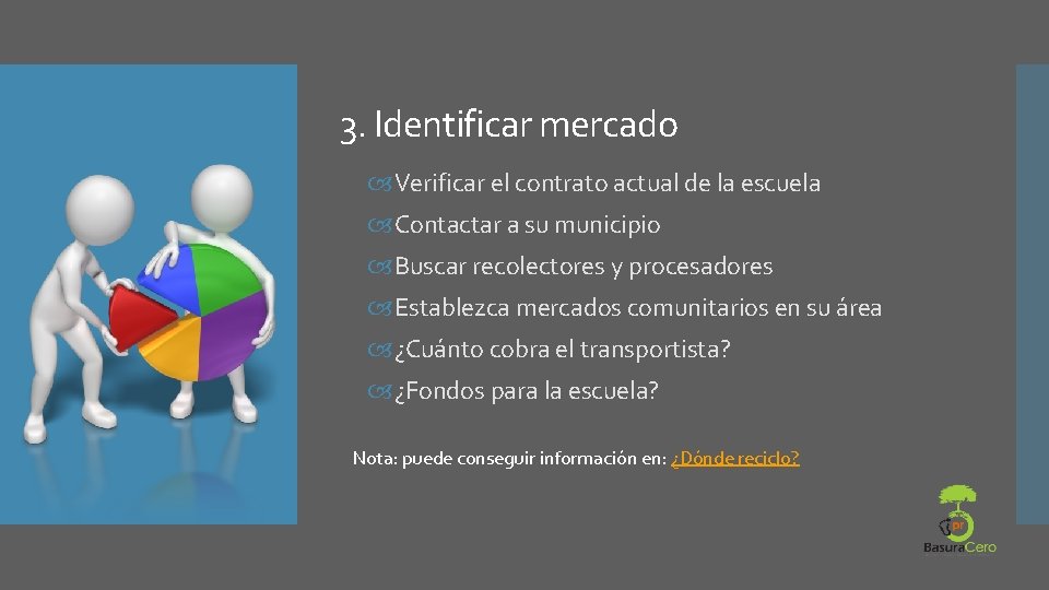 3. Identificar mercado Verificar el contrato actual de la escuela Contactar a su municipio 3. Identificar mercado Verificar el contrato actual de la escuela Contactar a su municipio