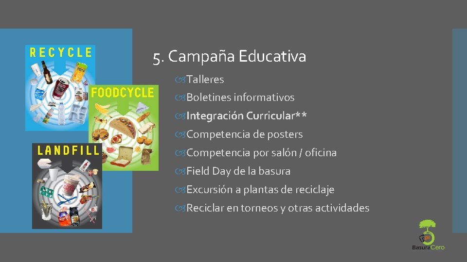 5. Campaña Educativa Talleres Boletines informativos Integración Curricular** Competencia de posters Competencia por salón 5. Campaña Educativa Talleres Boletines informativos Integración Curricular** Competencia de posters Competencia por salón