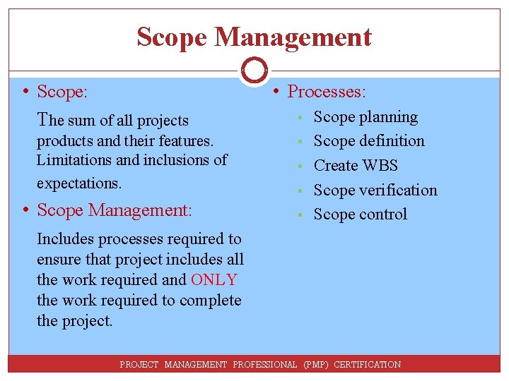 Scope Management • Scope: The sum of all projects products and their features. Limitations