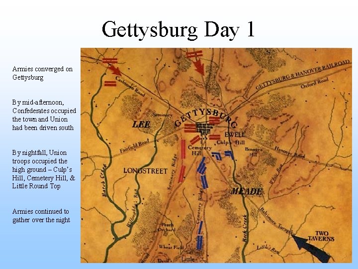 Gettysburg Day 1 Armies converged on Gettysburg By mid-afternoon, Confederates occupied the town and