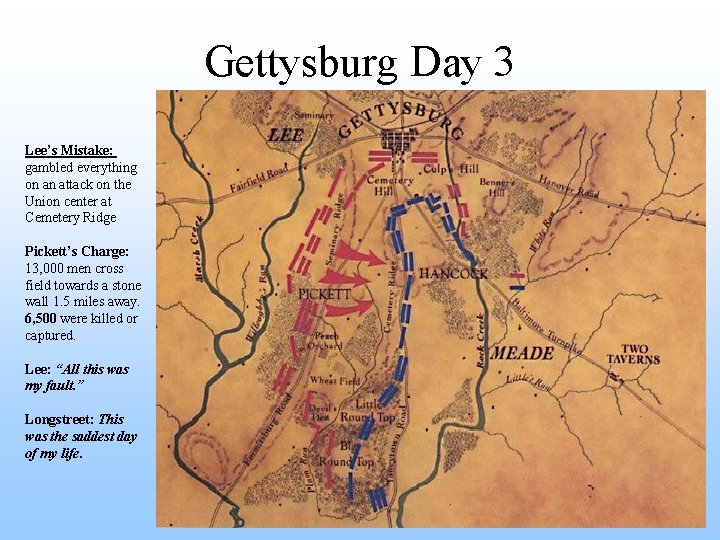 Gettysburg Day 3 Lee’s Mistake: gambled everything on an attack on the Union center