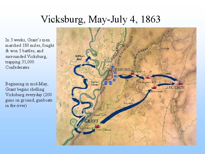 Vicksburg, May-July 4, 1863 In 3 weeks, Grant’s men marched 180 miles, fought &