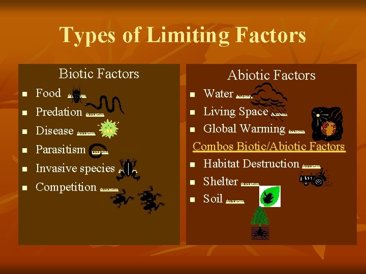 Types of Limiting Factors Biotic Factors n n n Food Predation Water n Living